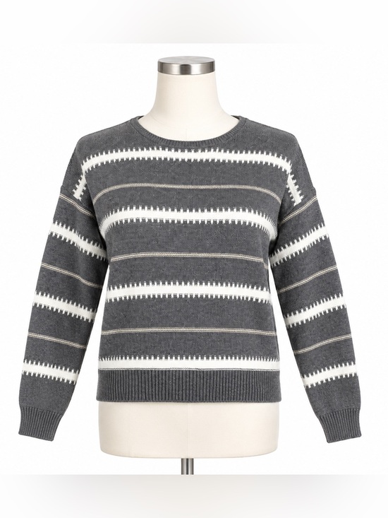 Sweaters - Women’s Gray & White Striped Knit Crewneck Sweater Size Medium